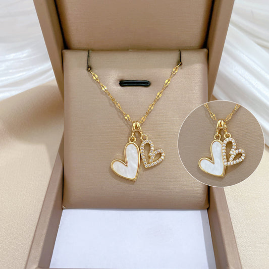 Luxury Sweet Double Layer Heart Geometric Rhinestone Necklace Titanium Steel Stainless Steel Pendant Copper Chain