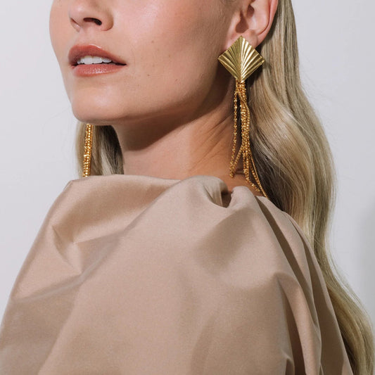 Luxury Stainless Steel Tassel Stud Earrings for Women with Geometric Shape and PVD Vacuum Gold Plating