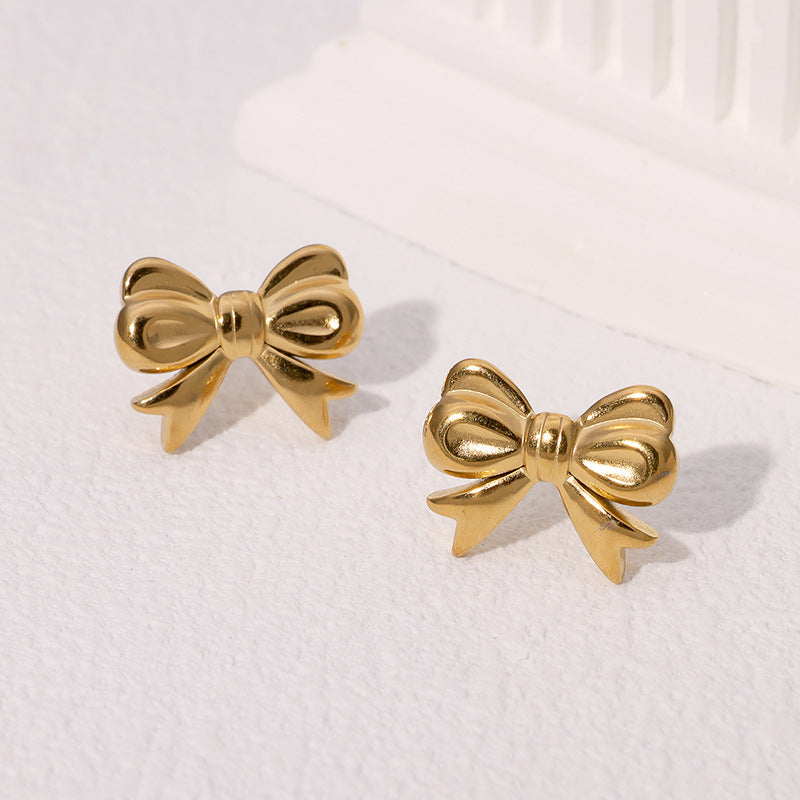 Minimalist Bow-Shaped Stainless Steel Stud Earrings with 18K Gold Plating for Women