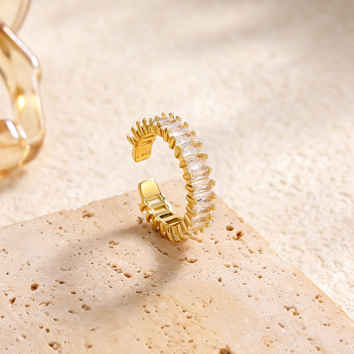 Luxury Minimalist 18K Gold Plated Stainless Steel Rhinestone Inlaid Geometric Open Ring for Women