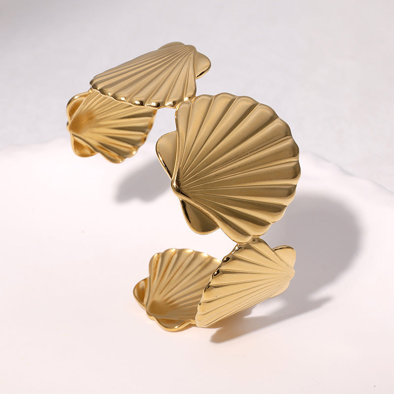 Minimalist Stainless Steel Wide Scallop Open Cuff Bracelet for Women