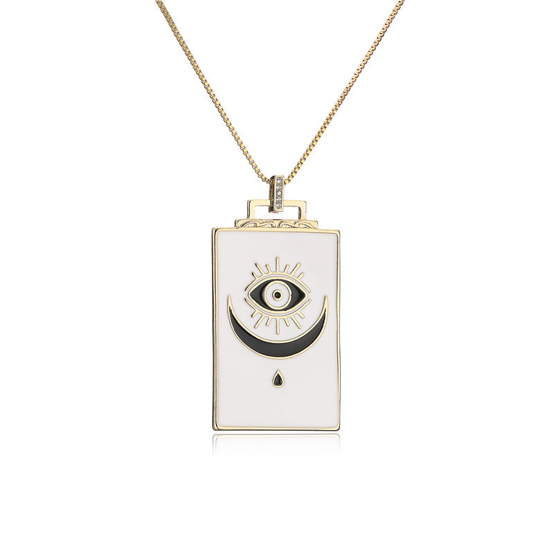 Geometric Moon Drip Oil Gold Plated Brass Necklace with Cubic Zirconia Pendant Box Chain for Women