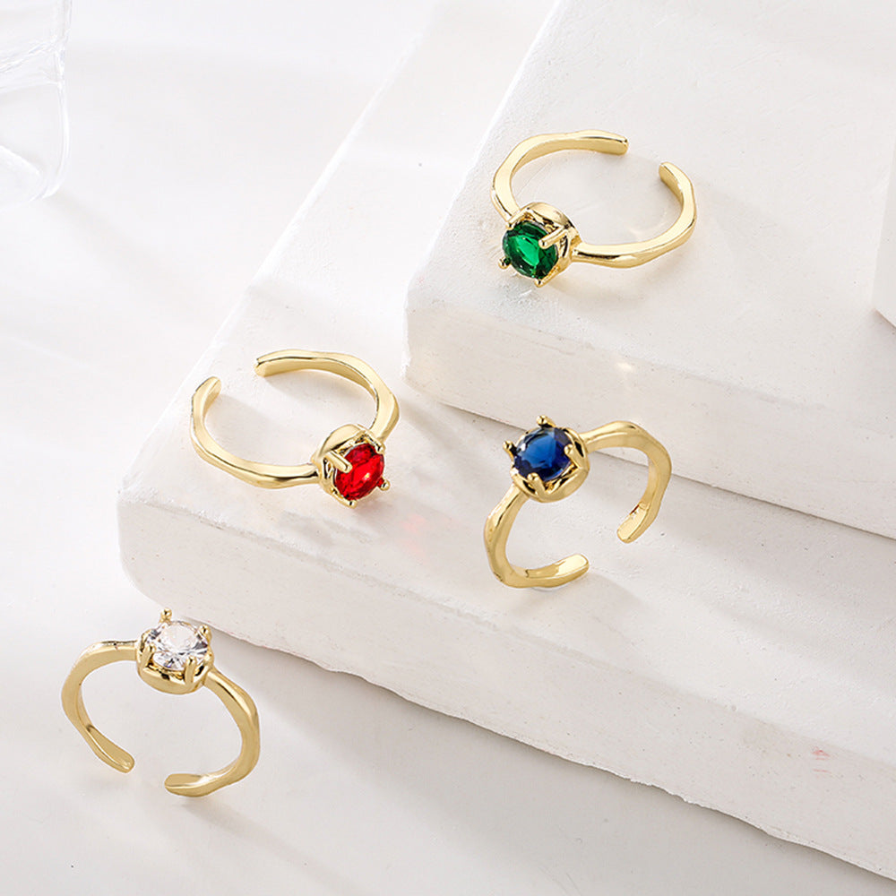 Vintage Geometric Open Ring for Women Made of Brass with Gold Plating and Micro-Paved Zirconia