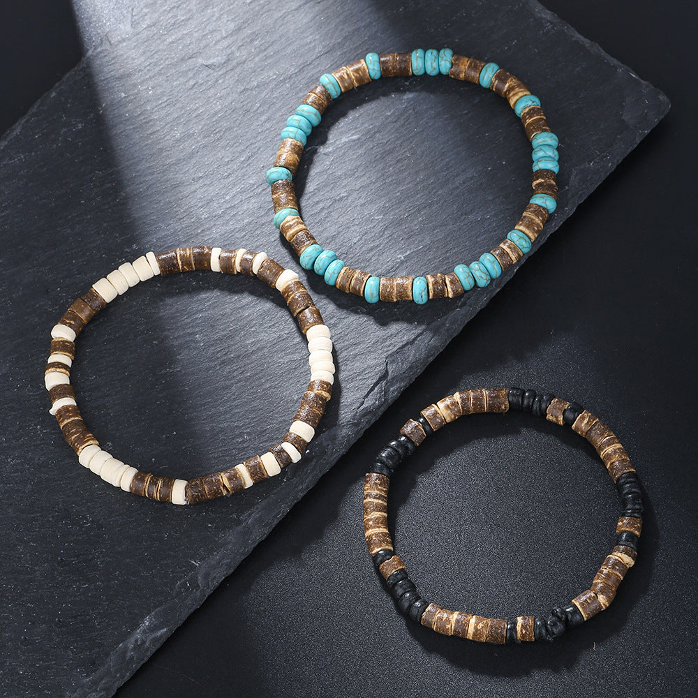 Minimalist Geometric Wood Turquoise Coconut Shell Beaded Bracelet Handmade Unisex Jewelry