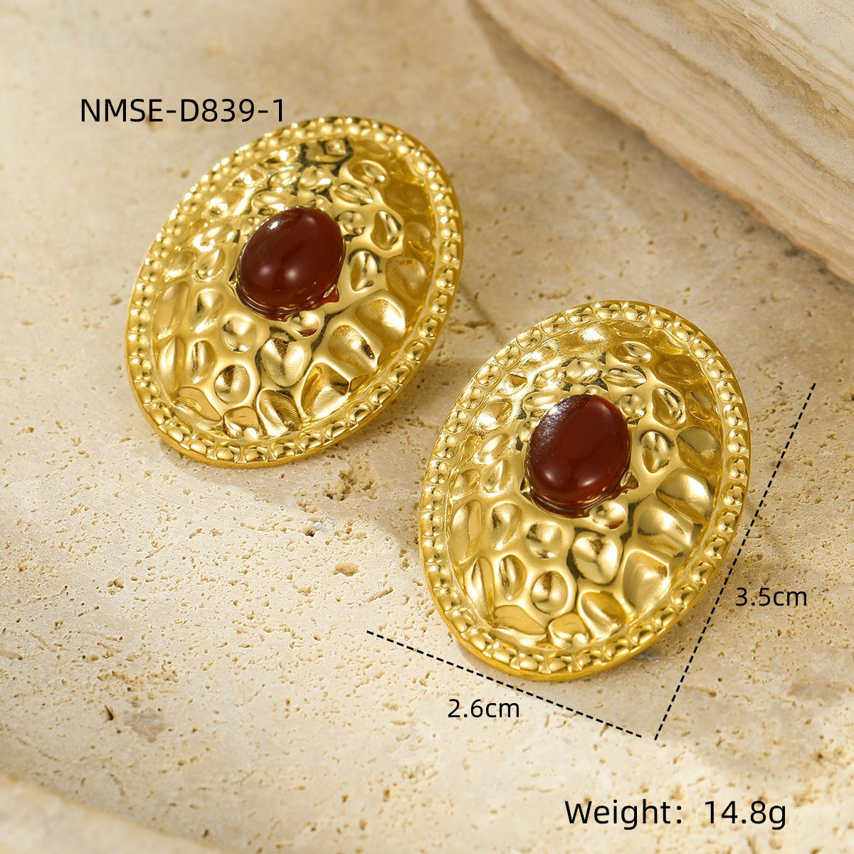Pendientes de Acero Inoxidable con Textura Ovalada de Estilo Vintage con Incrustaciones de Piedra Natural para Mujer