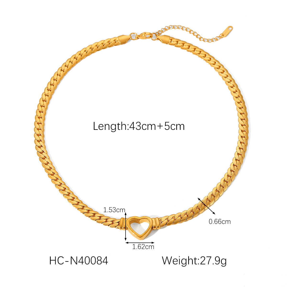 Minimalist Hollow Heart Pendant Necklace in Stainless Steel with 18K Gold Plating Cuban Chain for Women