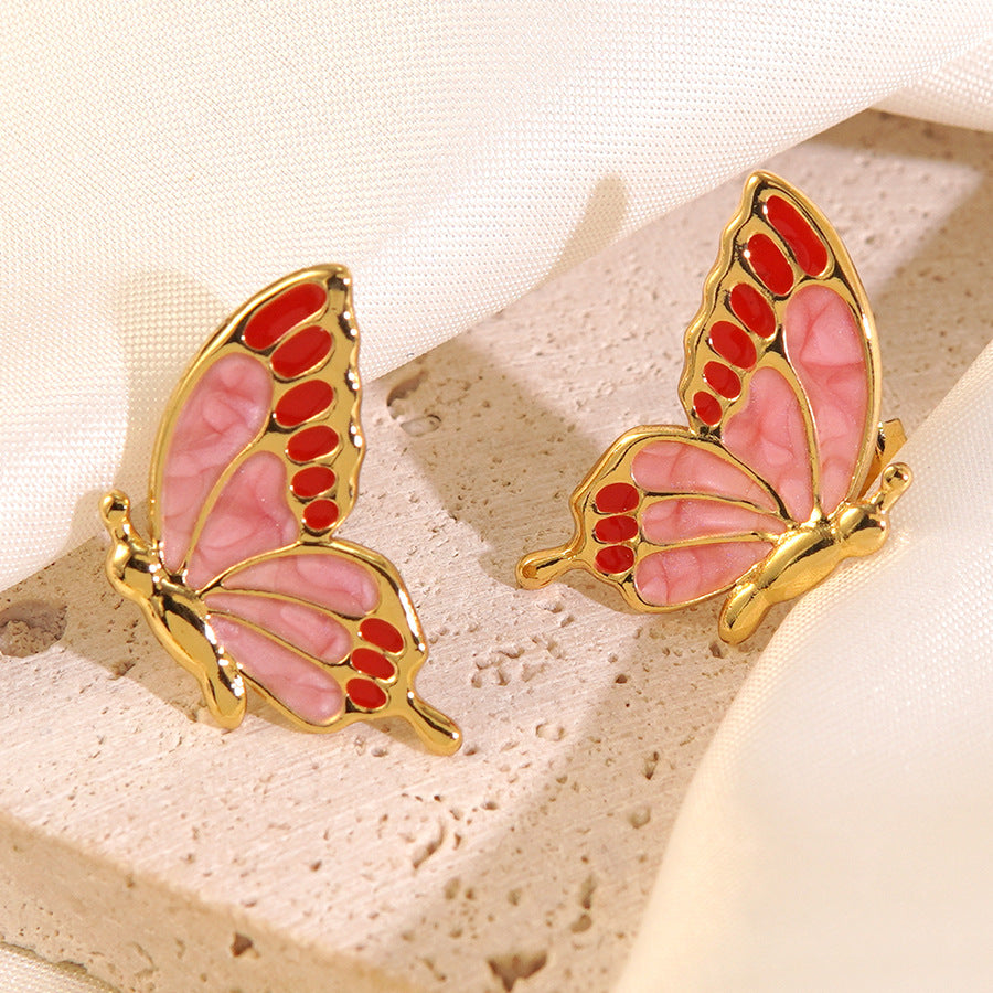 Sweet Minimalist Butterfly Drip Oil Stainless Steel Earrings for Women