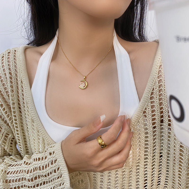 Original Design Rabbit Pendant Necklace for Women in Titanium Steel with Rhinestone Inlay on Wavy Chain, Minimalist Moonlight-Inspired Locket Necklace