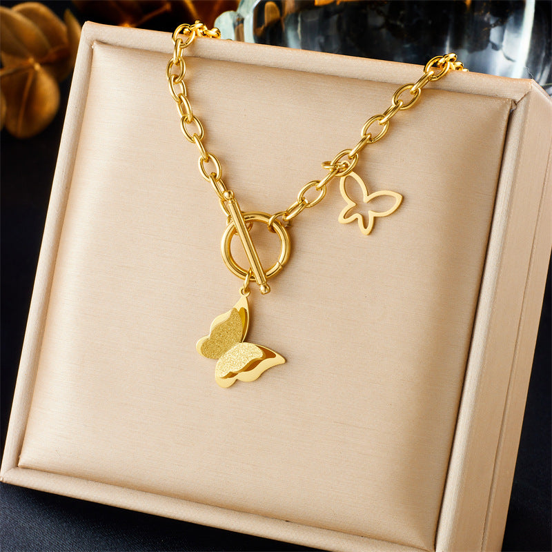 Minimalist Vintage Butterfly Pendant Necklace in Stainless Steel with Gold Plating and Hollow-Out Detail on Standard Chain