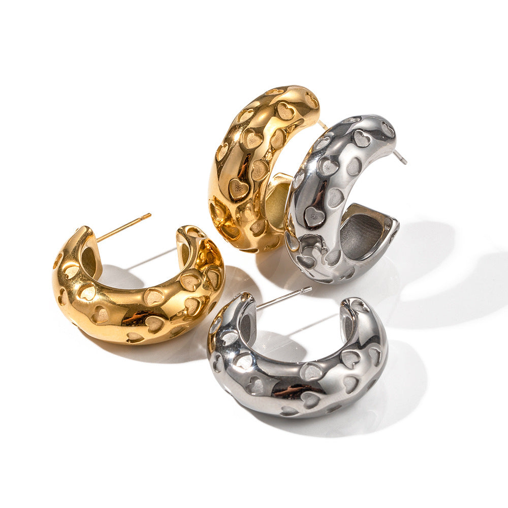 INS Style Geometric Stainless Steel Hoop Earrings with 18K Gold Plating Hollow Heart Design for Women