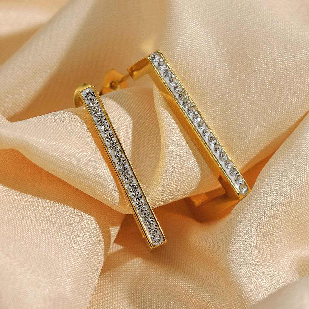 Minimalist Rectangular Stainless Steel Earrings with 18K Gold Plating and Rhinestone Inlay for Women