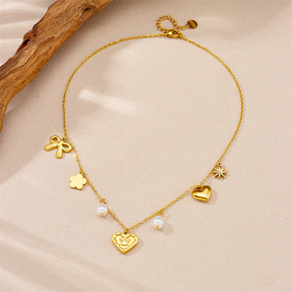Minimalist Fashion Heart Crown Bowknot Pearl Necklace in Stainless Steel with Plating Finish on O-Chain for Women