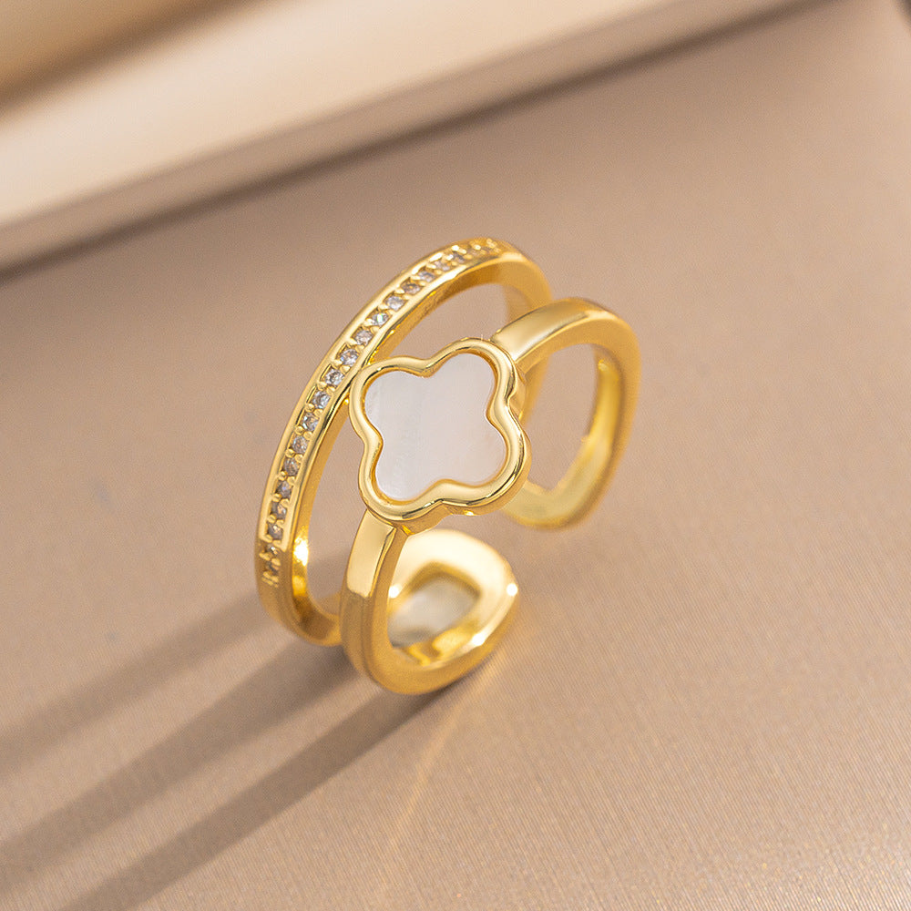 Luxury Minimalist Adjustable Open Ring for Women with Gold-Plated Copper Band and Zircon Stone Accent in Heart and Floral Shape