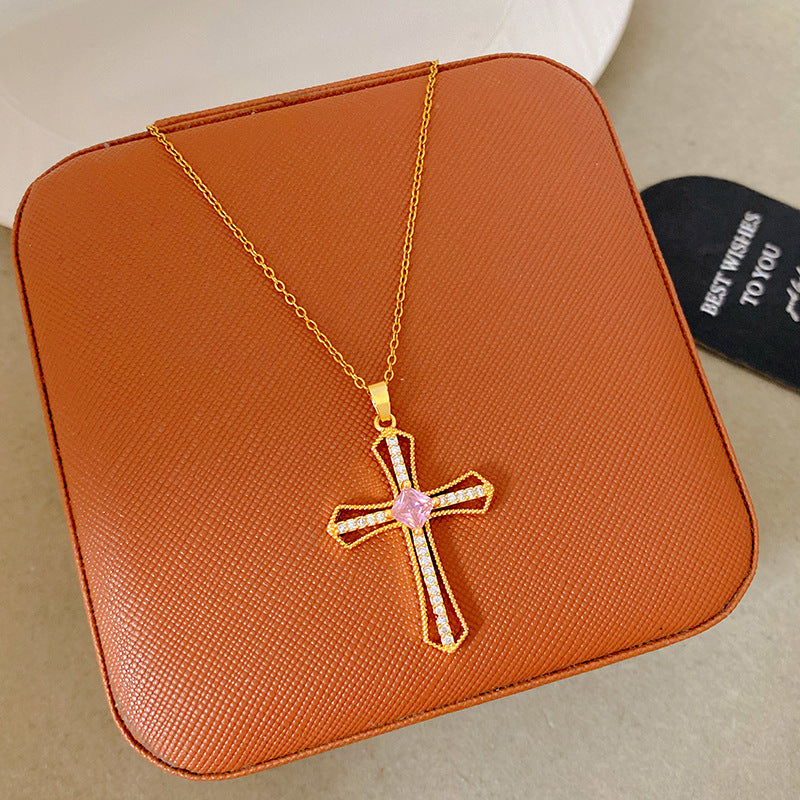 Sporty Sweet 18K Gold Plated Cross Titanium Steel Necklace with Cubic Zirconia for Women