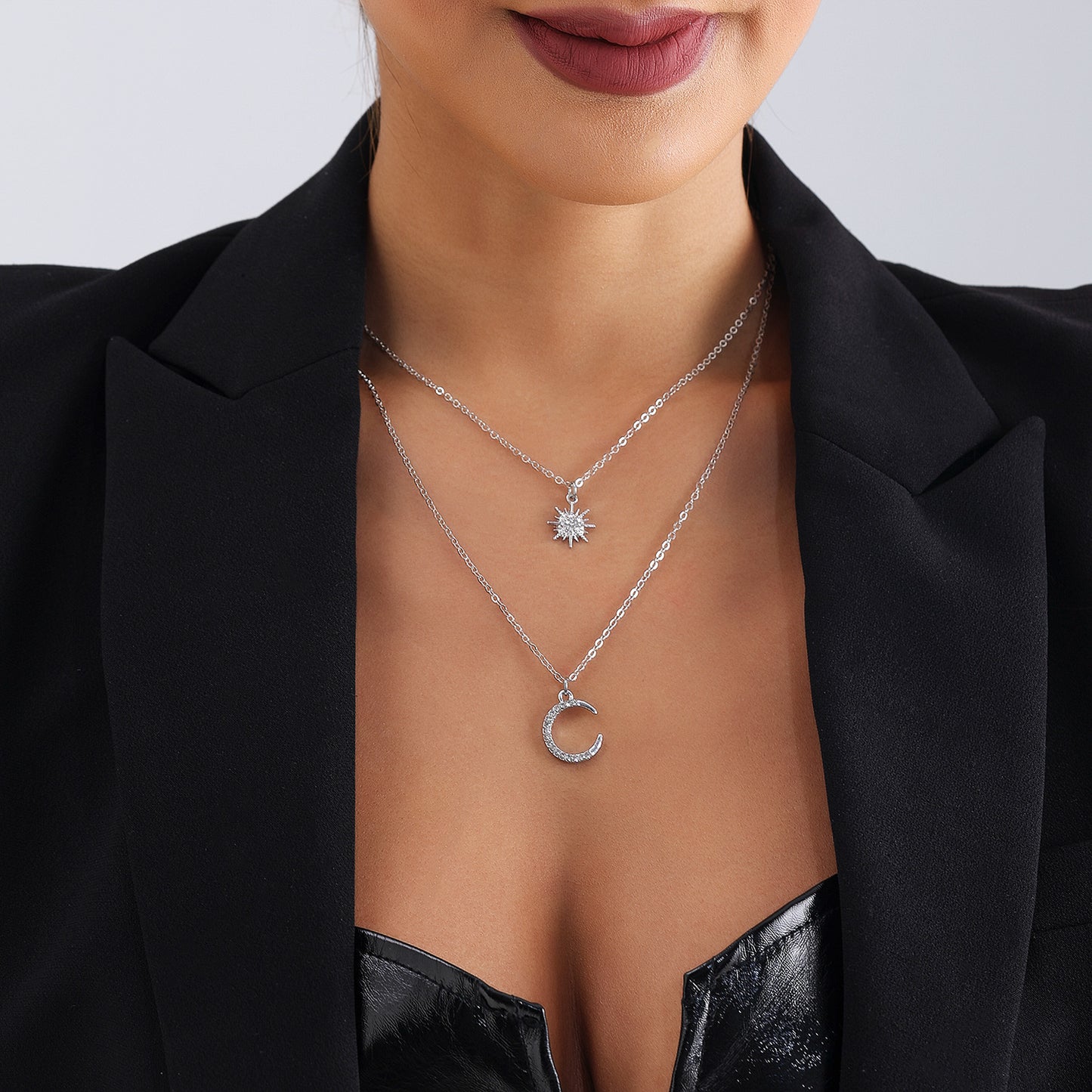 Minimalist Geometric Sun Moon Star Pendant Necklace with Rhinestone Inlay and Plated Metal Locket Chain for Women