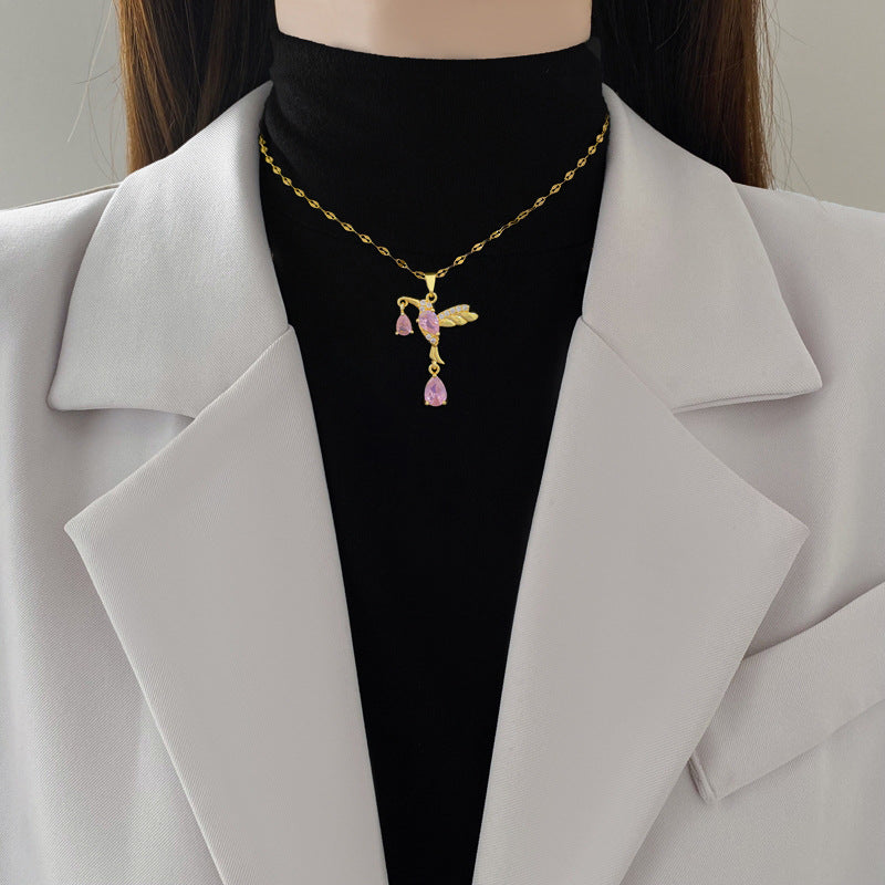 Sweet Geometric Cartoon Swallow Rhinestone Pendant Necklace Titanium Steel Cable Chain for Unisex
