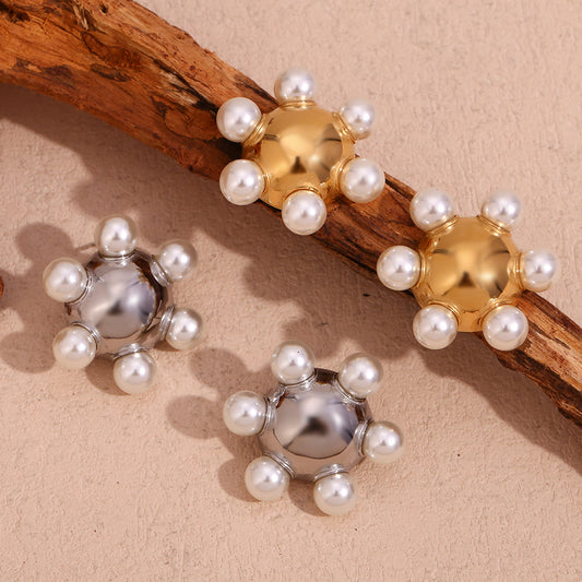 Pendientes de acero inoxidable geométricos de estilo vintage con borde exterior chapado en oro de 18 quilates y diseño de rueda redonda con acabado perlado para mujer