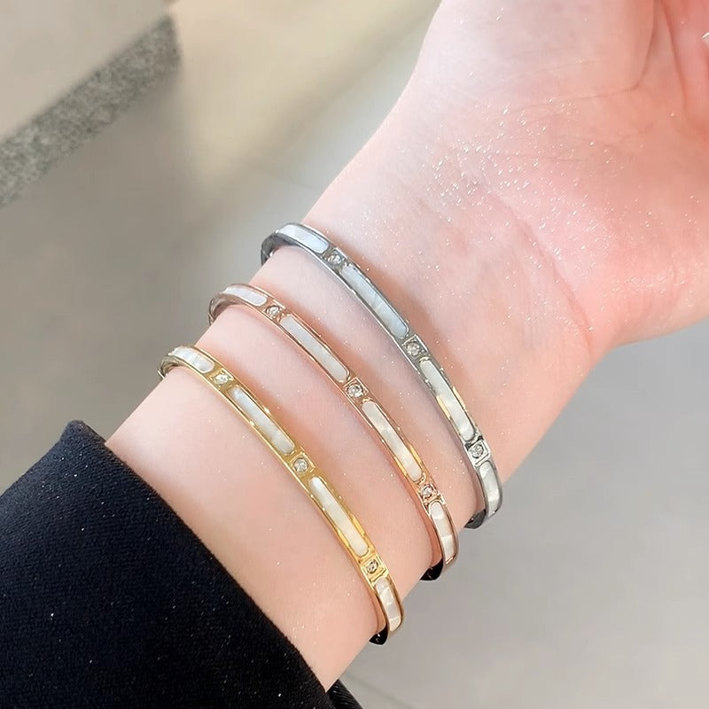 Minimalist Oval Titanium Steel Bracelet with Zircon Inlay and Plated Finish for Women