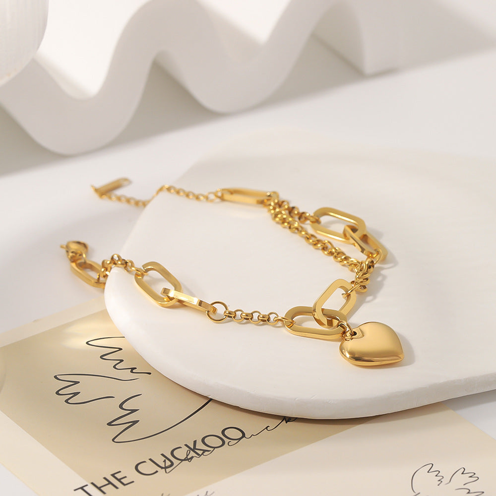 Minimalist Heart-Shaped Stainless Steel Bracelet with 18K Gold Plating for Women