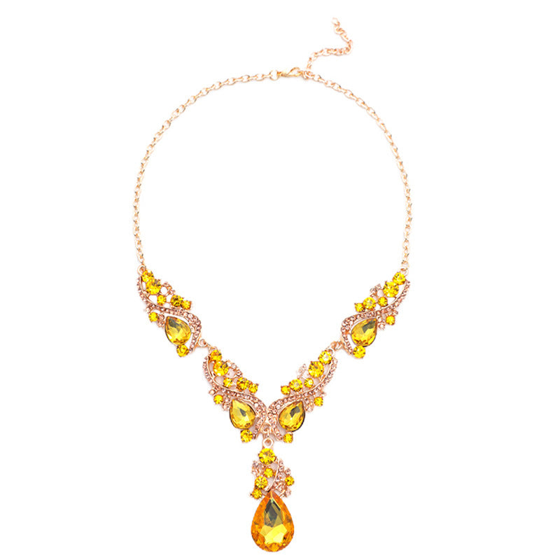 Vintage Artistic Waterdrop-Shaped Alloy Necklace Set with Rhinestone-Inlaid Leaves and Electroplated Finish for Women