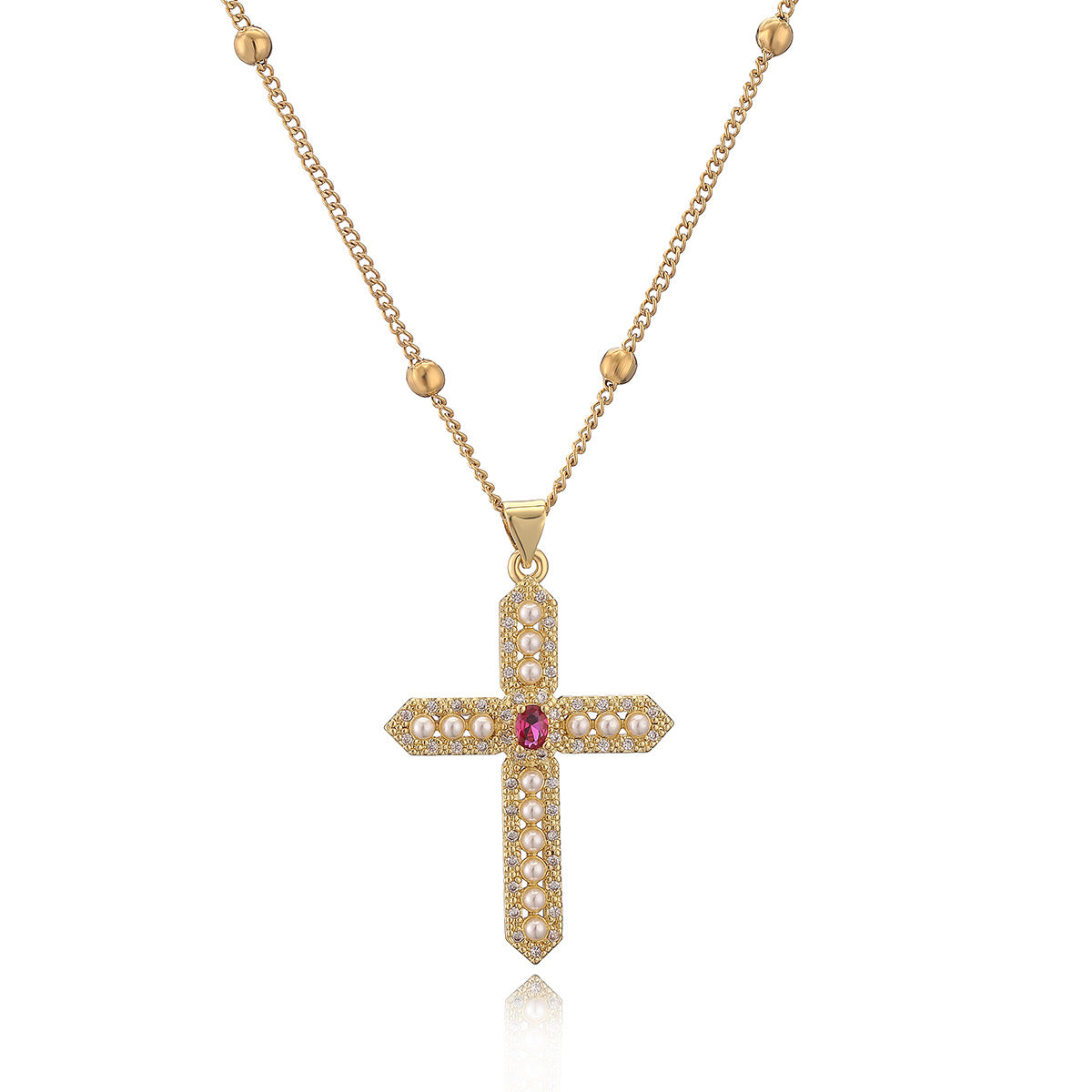 Minimalist Cross Pendant Necklace for Women Made of Copper with Real Gold Plating and Zircon and Pearl Accents