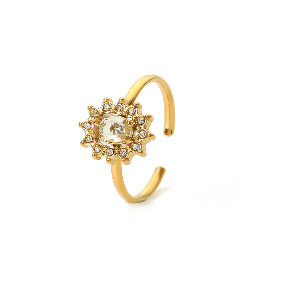 Anello da Donna Minimalista a Forma di Girasole in Acciaio Inossidabile con Intarsi in Zircone e Placcatura Sottovuoto in Oro 18K