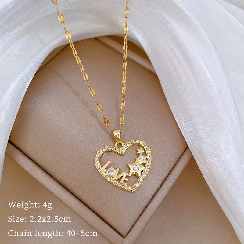 Luxury Minimalist Sweet Geometric Rhinestone Pendant Necklace for Women Titanium Steel O-Chain