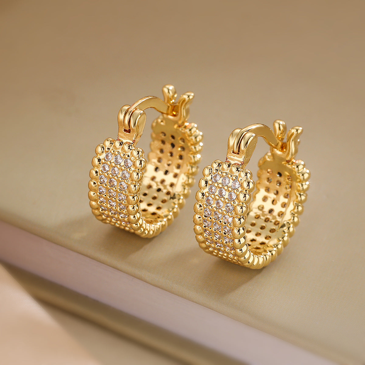 Minimalist Geometric Copper Earrings with Gold Plating and Zircon Inlay for Women