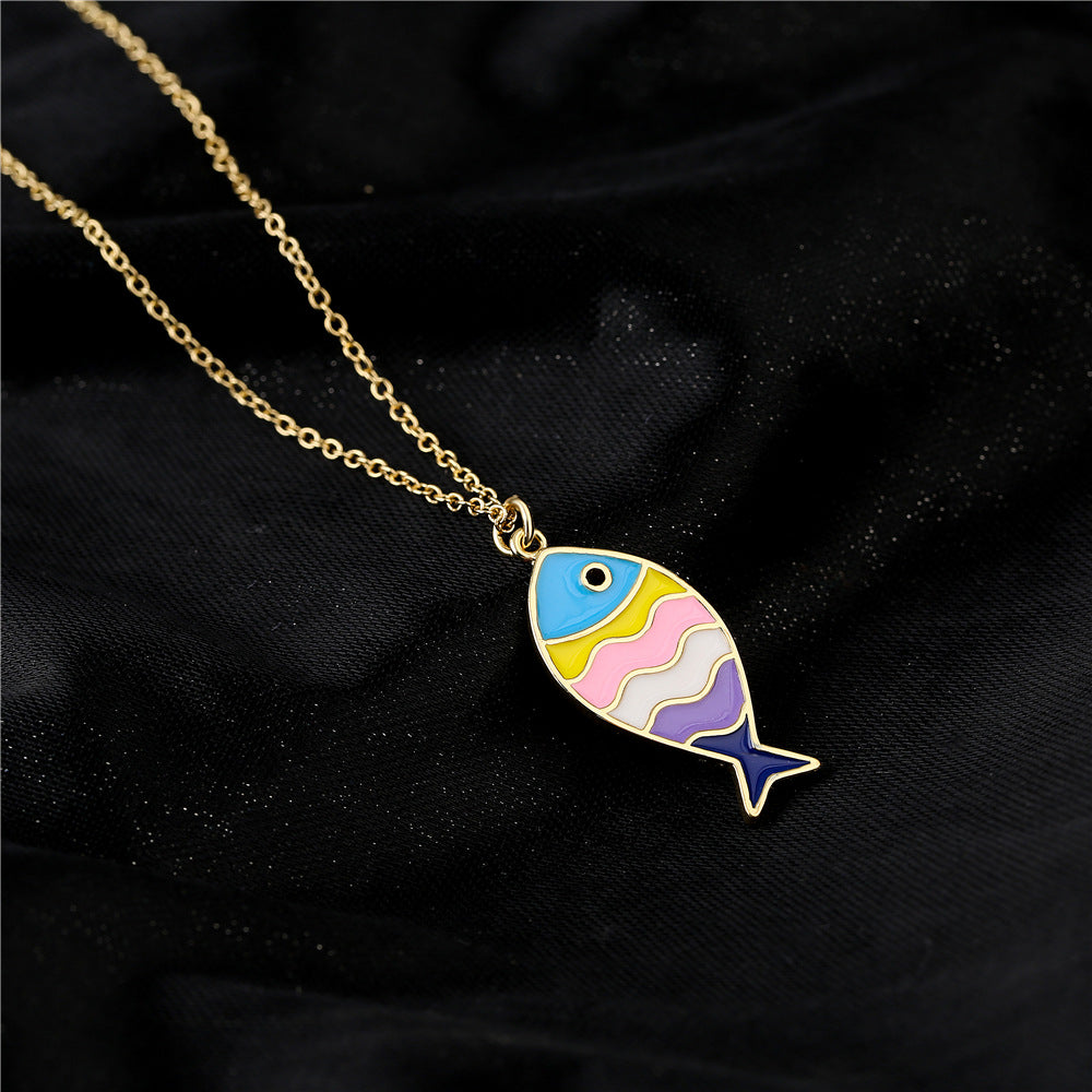 Geometric Fish Drip Oil Gold Plated Brass Necklace with Cubic Zirconia Pendant on Cable Chain