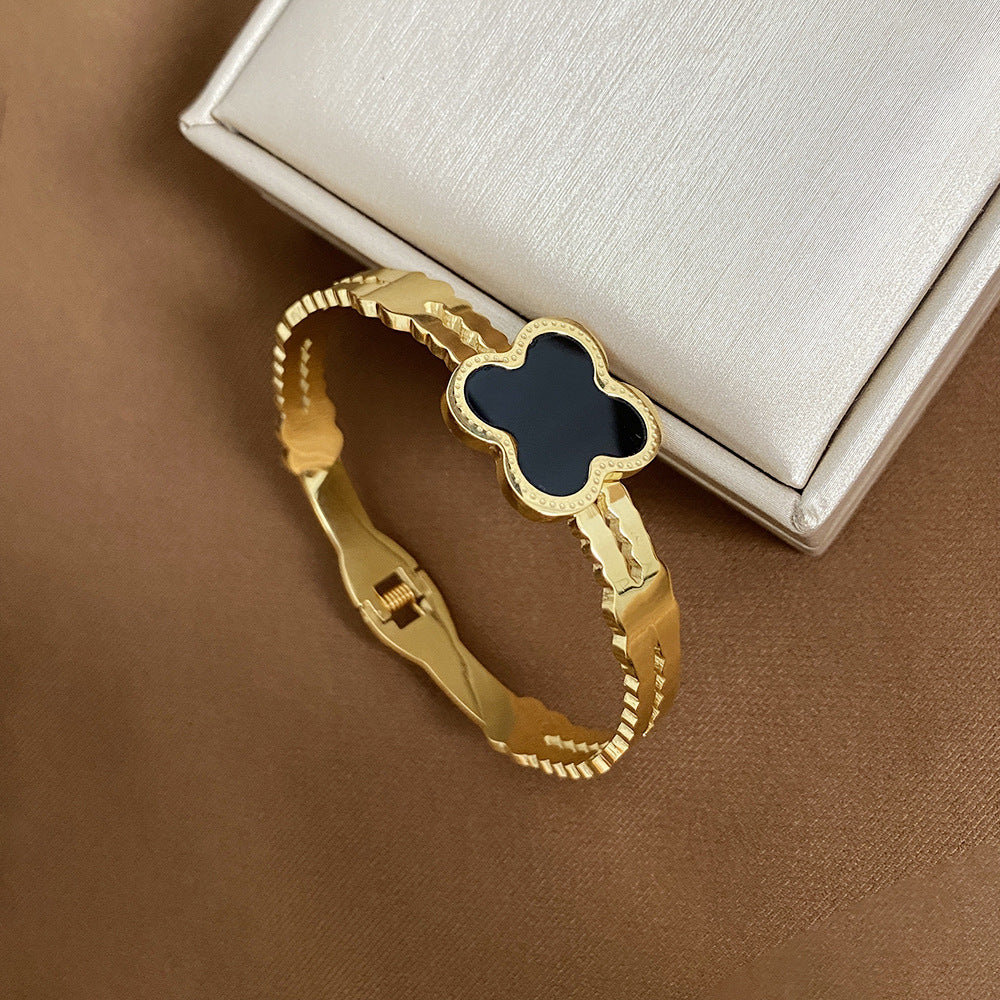 Minimalist Four-Leaf Clover Titanium Steel Bracelet for Women with Plated Finish and Geometric Design