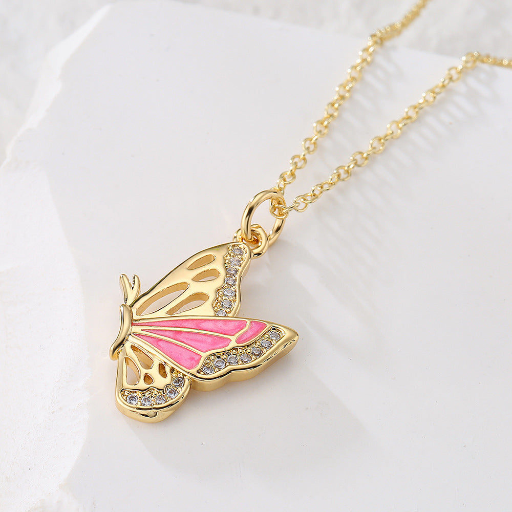 Minimalist Butterfly Pendant Necklace for Women with Copper Base Plated in 18K Gold and Enamel Finish Featuring Cubic Zirconia Accents