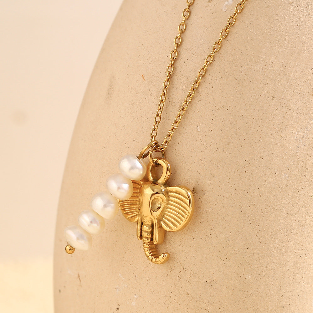 Vintage Creative Elephant Pendant Necklace for Women in Stainless Steel with 18K Gold Plating and Pearl Accents