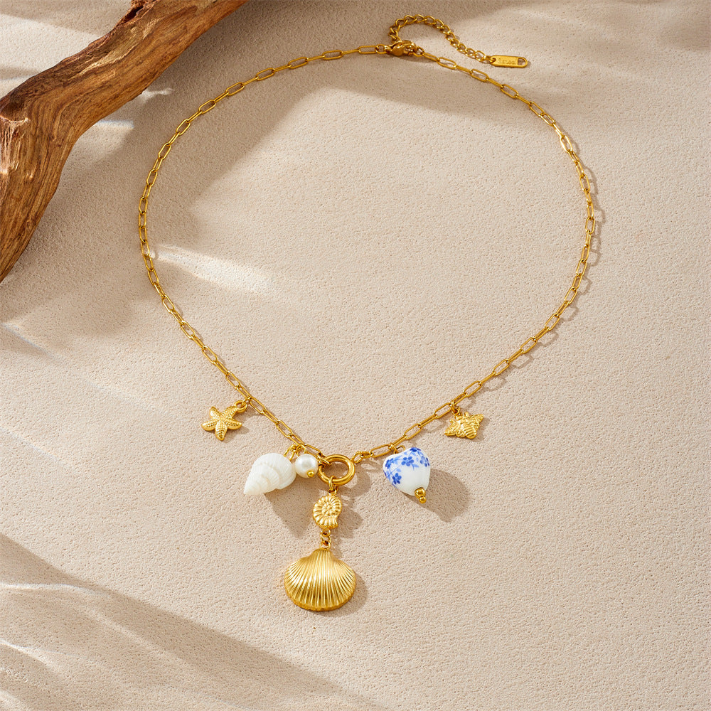 Chic Stainless Steel Plated Heart Pendant Necklace with Seashell Starfish Print for Women Summer Vacation