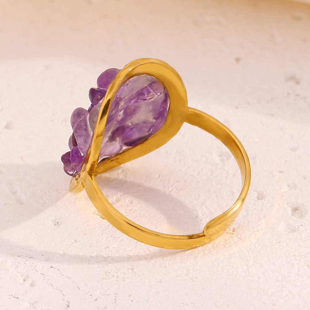 Fashionable Geometric Stainless Steel Ring with 18K Gold Plating and Purple Rhinestone Accents for Women