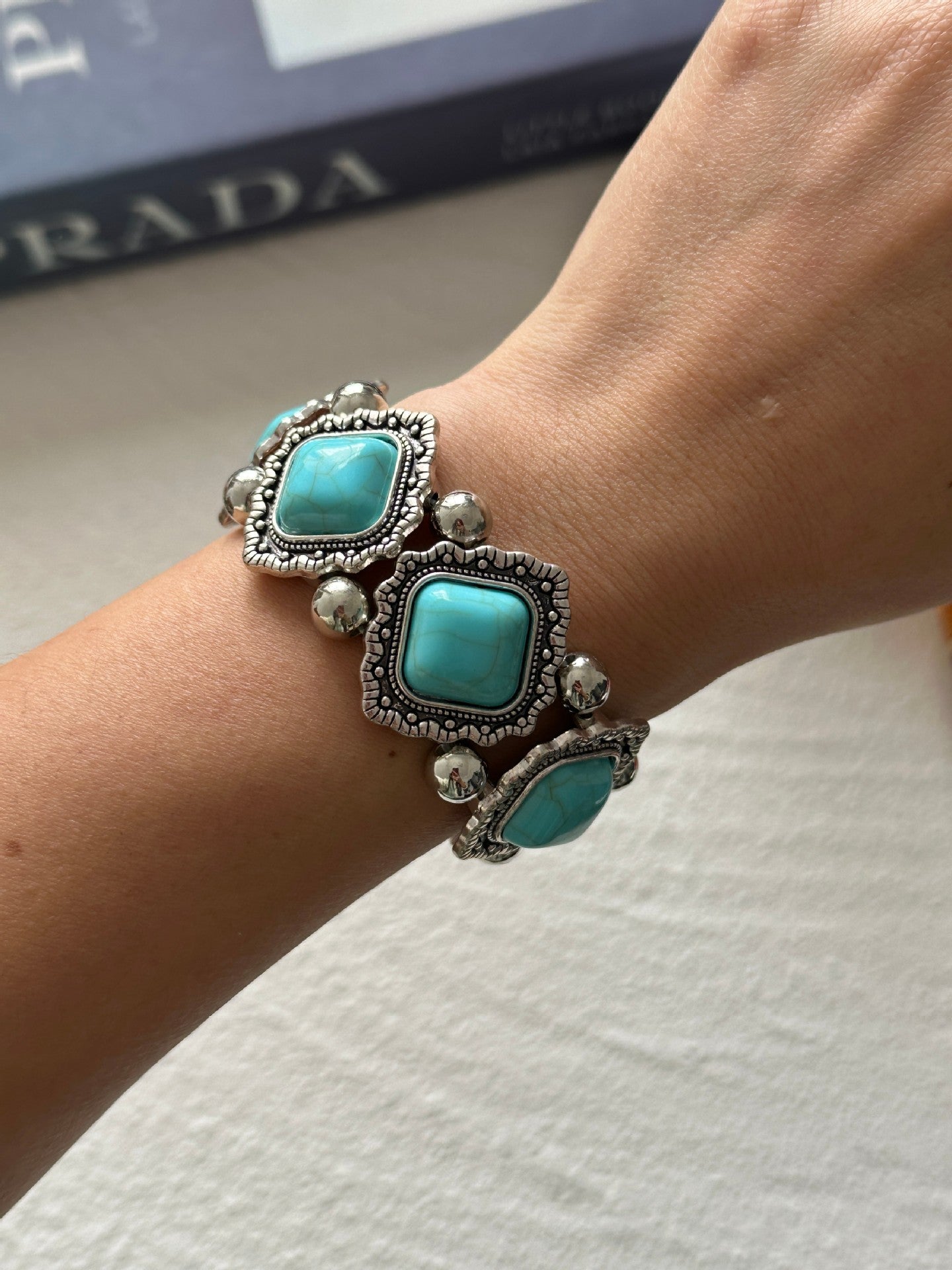 Bohemian Vintage Geometric Turquoise Inlay Plated Alloy Bracelet for Women