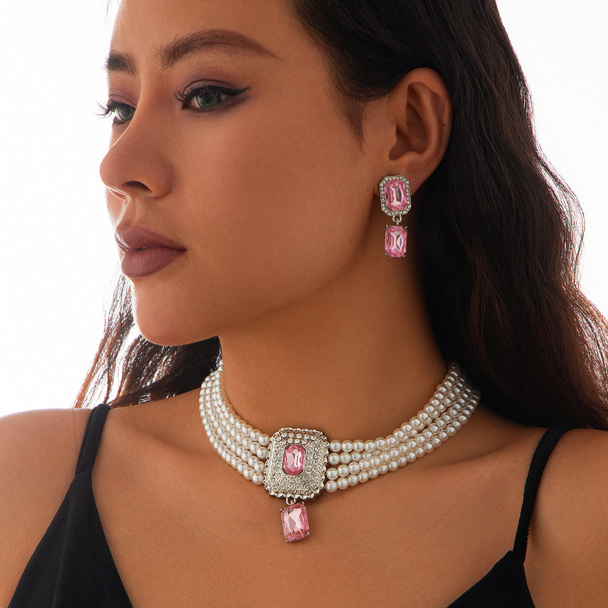 Luxury Multi-Layer Geometric Imitation Pearl Necklace and Earring Set with Triangle and Heart Charms for Women