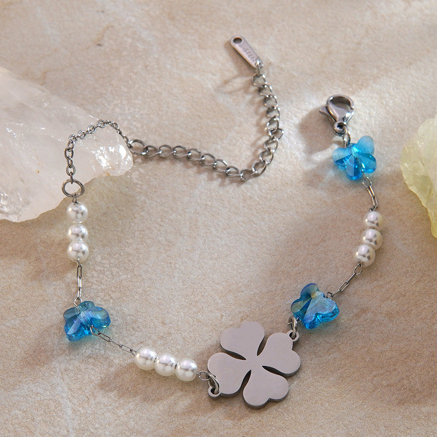 Vintage Floral Stainless Steel Bracelet with Pearl Inlay