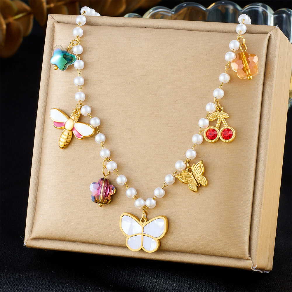 Collana con ciondolo a farfalla e insetto alla moda in acciaio inossidabile con finitura placcata da donna
