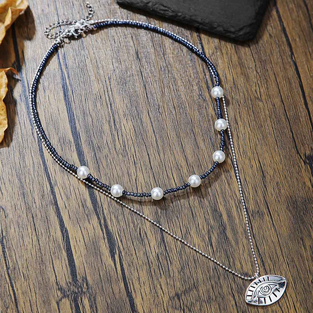Unique Geometric Imitation Pearl Plated Ball Chain Necklace with Rhinestone Inlay for Unisex