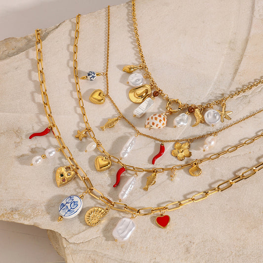 Collar con Colgante Minimalista de Acero Inoxidable en Forma de Corazón con Detalles de Perlas y Gota de Acero de Titanio, Acabado Chapado, Delicada Cadena para Clavícula para Mujer