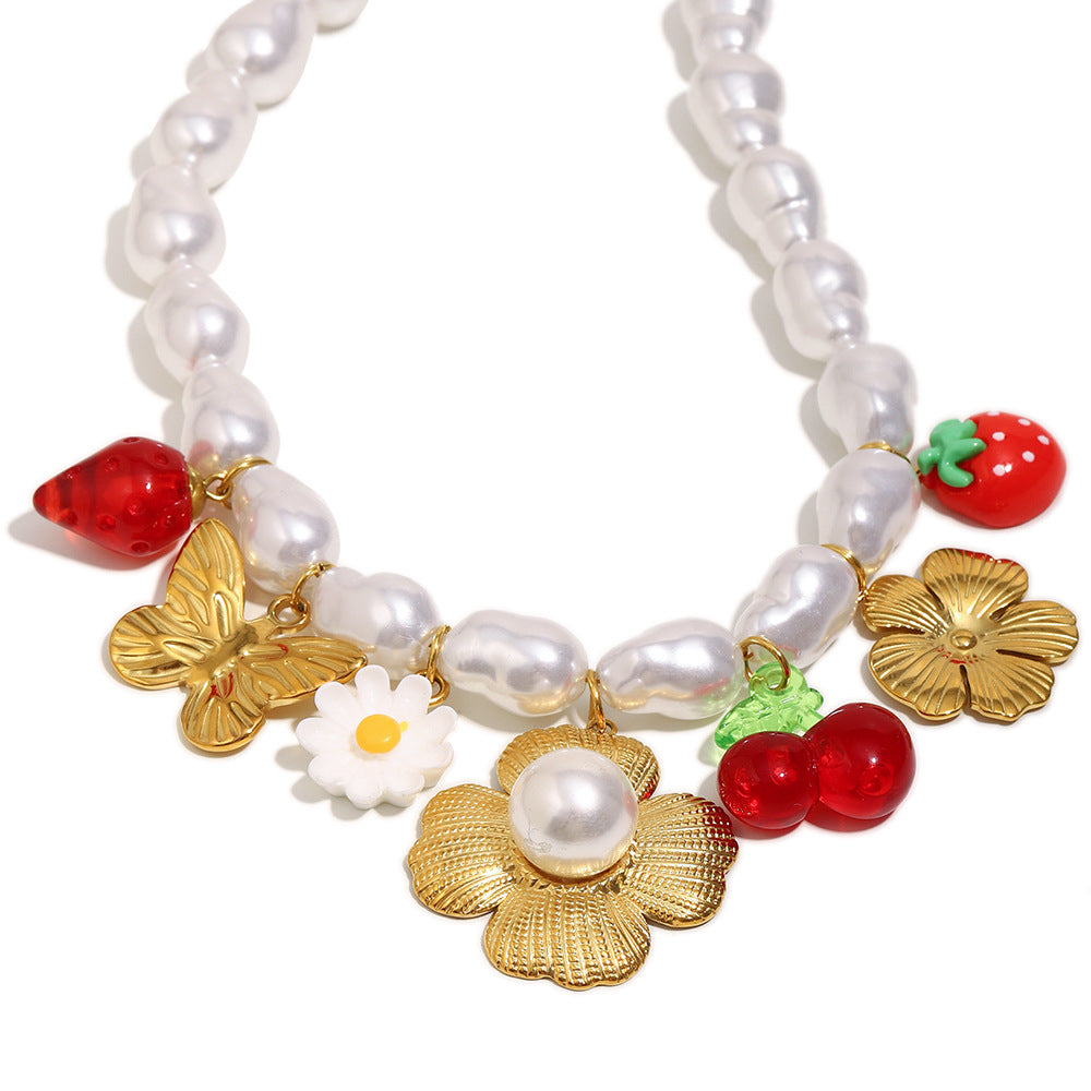 Baroque Floral Butterfly Pendant Necklace for Women in Stainless Steel with 18K Gold Plating and Simulated Pearl Accents