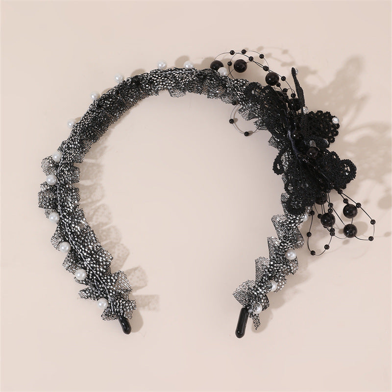 Cerchietto con Fiocco in Pizzo Nero per Halloween con Perle e Strass per Bambine dai 6 ai 10 Anni