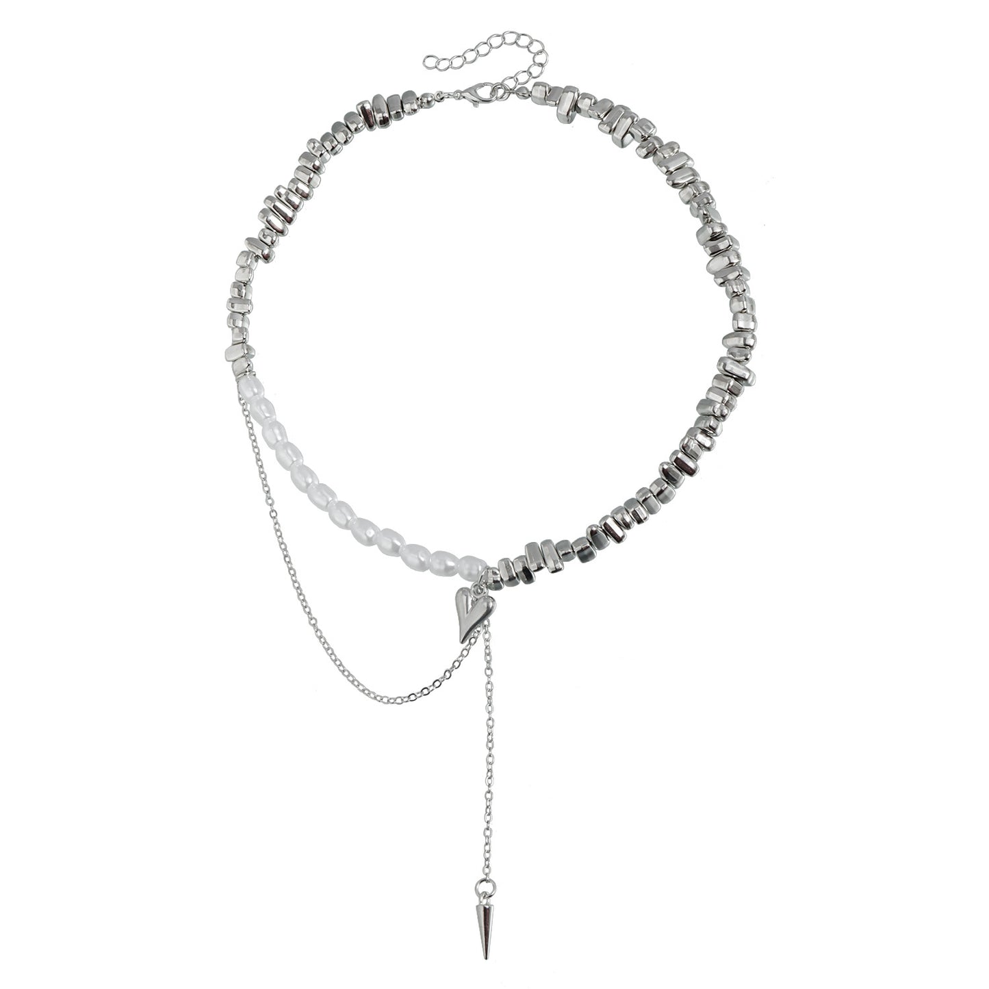Minimalist Heart Geometric Alloy Plated Pendant Necklace with Irregular Pearl Tassel for Women