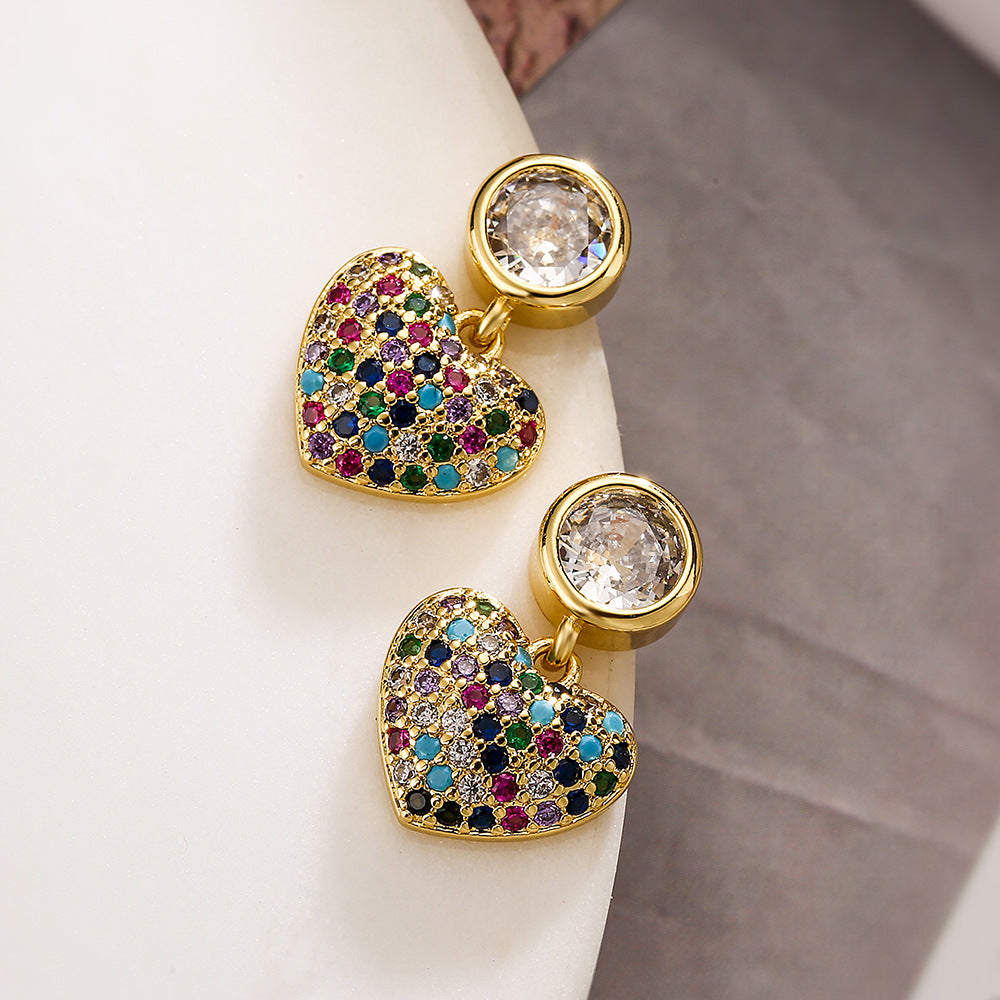 Minimalist Heart-Shaped Copper Earrings with 18K Gold Plating and Zircon Accents for Women