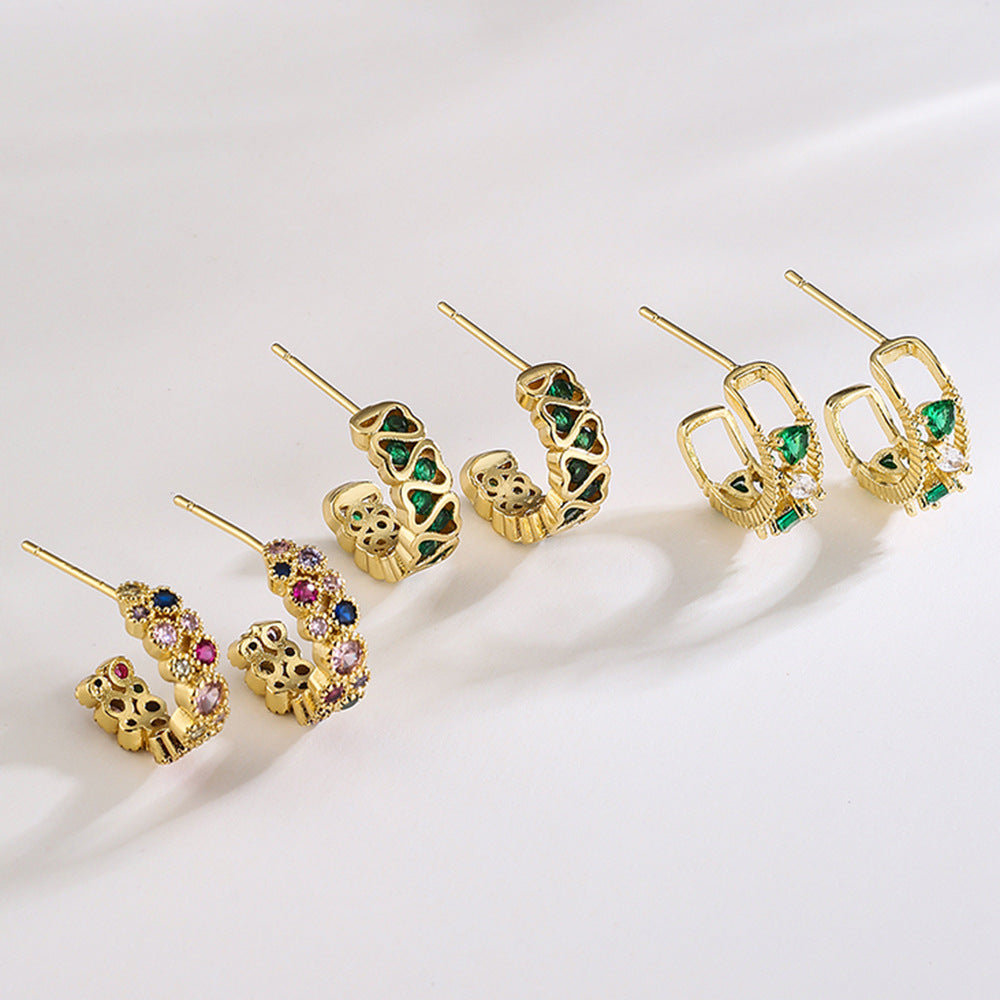 Minimalist Modern Geometric Copper Stud Earrings with 18K Gold Plating and Micro-Paved Zirconia for Women