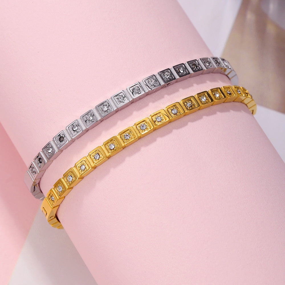 Gold Plated Geometric Round Stainless Steel Bracelet with Cubic Zirconia