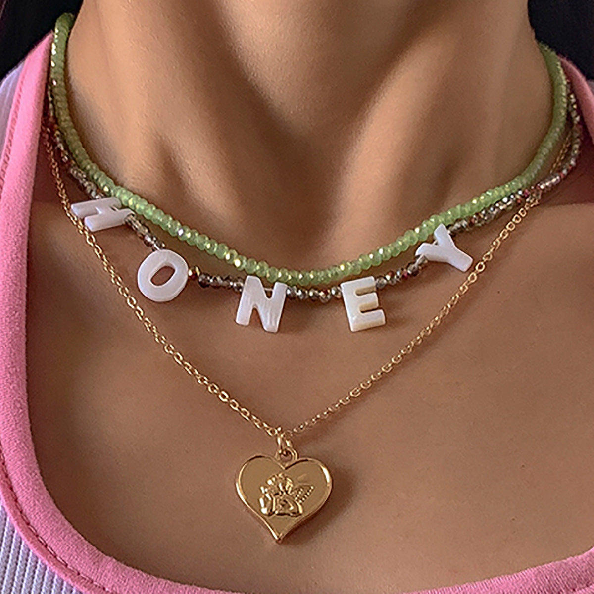 Minimalist Honey Letter Layered Necklace with Heart Shape Pendant, Alloy Chain, Electroplated Finish, Bohemian and Rustic Inspired