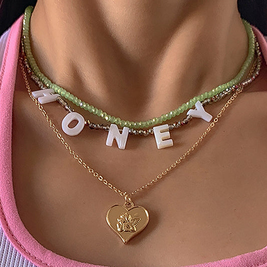 Minimalist Honey Letter Layered Necklace with Heart Shape Pendant, Alloy Chain, Electroplated Finish, Bohemian and Rustic Inspired