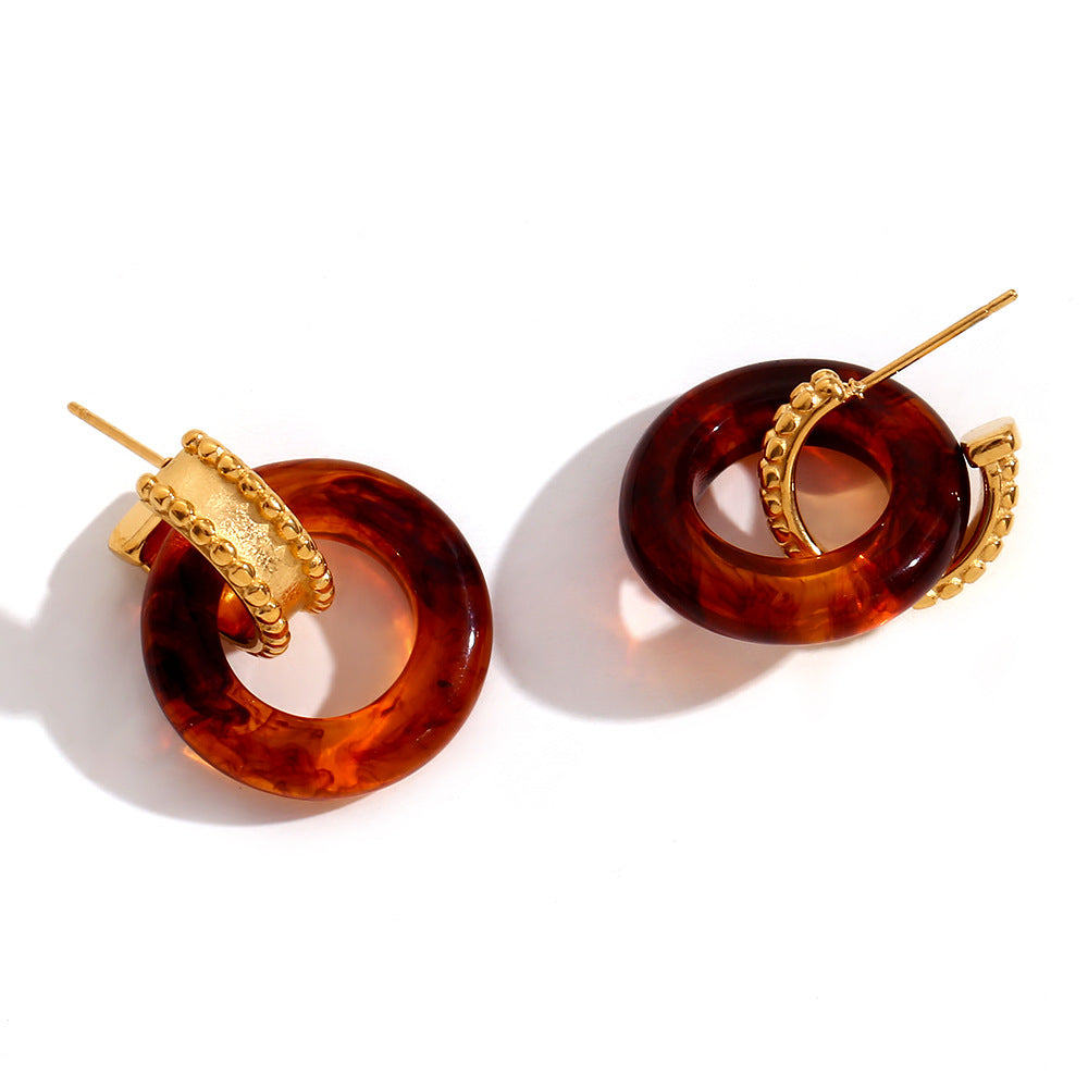 Vintage-Inspired Geometric Stainless Steel Earrings with 18K Gold Plating, Contrast Acrylic Beads and Rolled Edge Detail