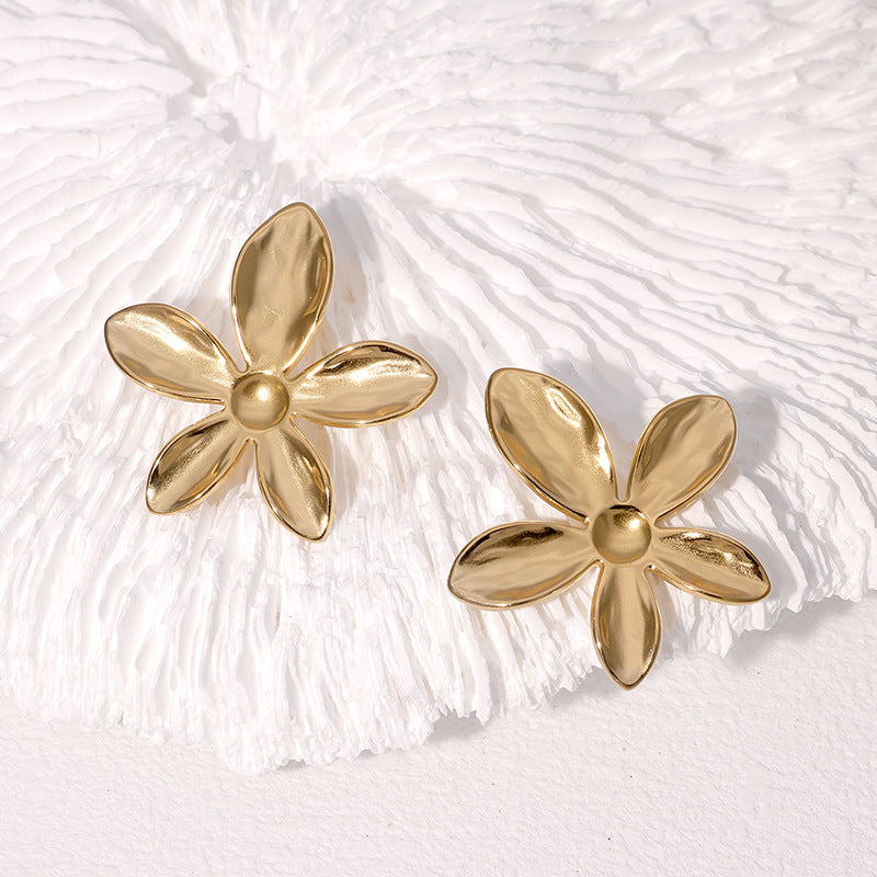 Minimalist Floral Stainless Steel Earrings for Women with Vacuum Plated 18K Gold Finish Titanium Steel Posts